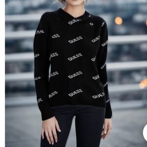 GUESS Femme Y2K Fitted Knit Quarter Zip Logo Pattern Black Sweater